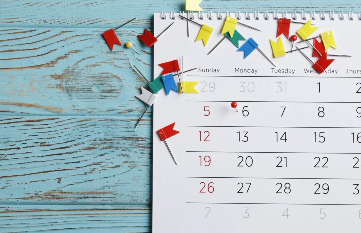 Calendario de vacaciones con chinchetas de colores