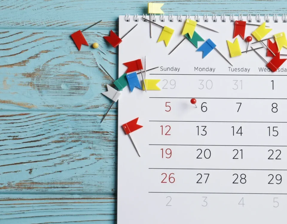 Calendario de vacaciones con chinchetas de colores